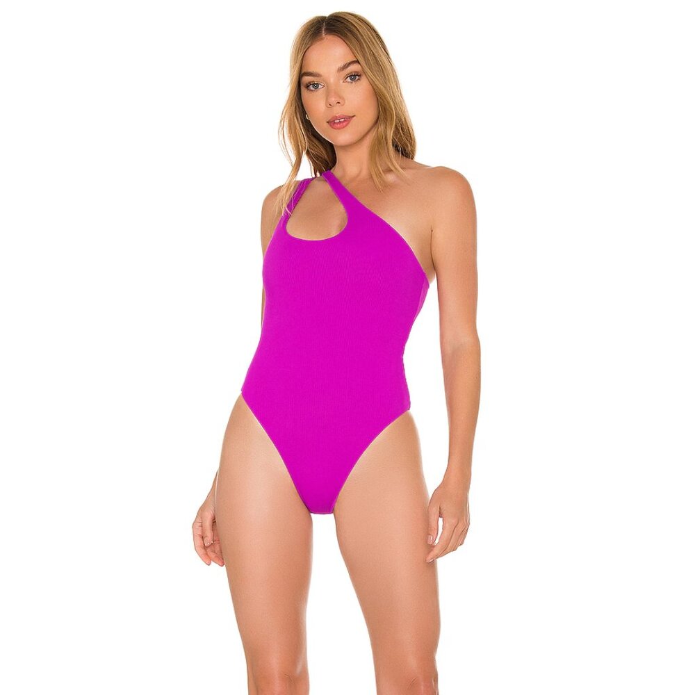 NWT$169 L*Space Phoebe Classic One-Shoulder Rib One-Piece Swimsuit Purple Sz12